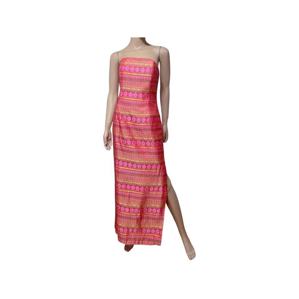 1990s Jessica McClintock Gunne Sax Pink & Gold Geometric Strapless Gown Size 9